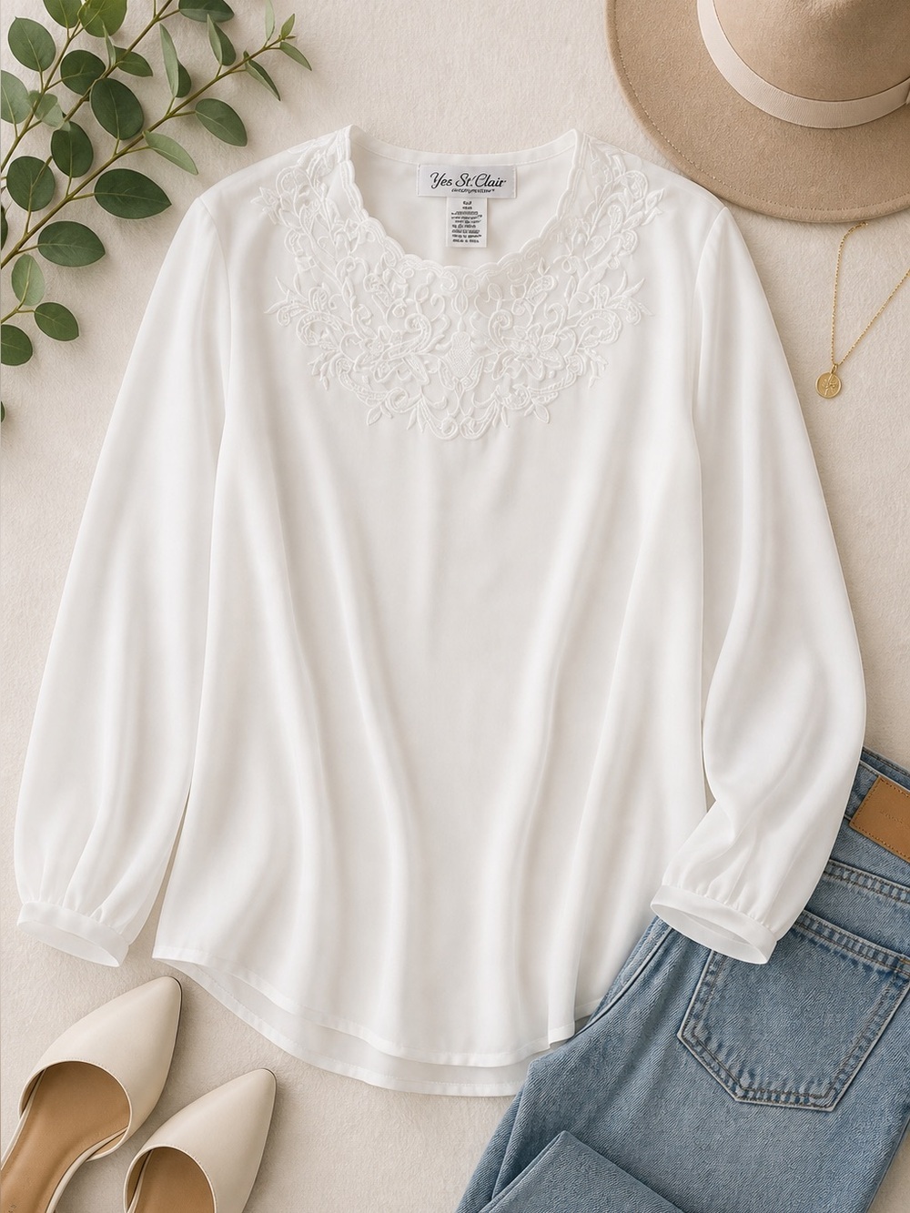 Vintage White Embroidered Blouse Yes St Clair Sheer Top Size 8